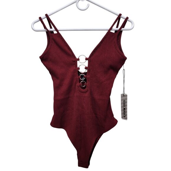 Ribbed Burgundy Bodysuit With Metal Ring Details Design By Hate Monde - Size S - Picture 1 of 11